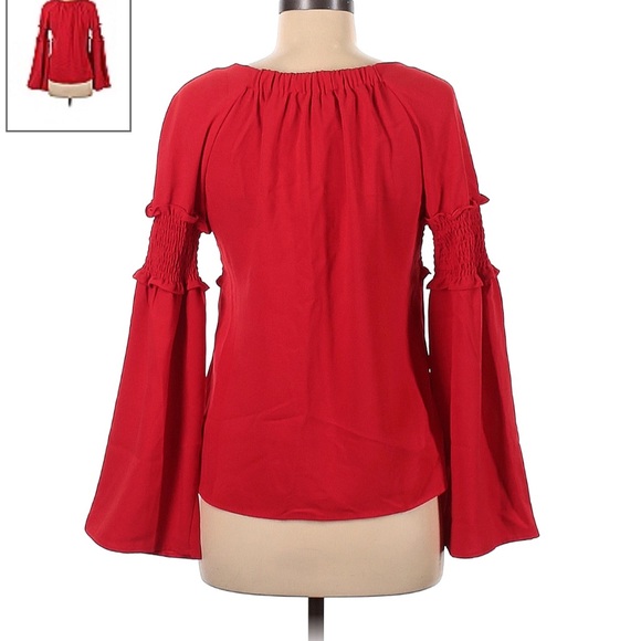 Amaryllis Apparel ruffled blouse Long Bell Sleeves solid Red Size Small - Picture 2 of 15